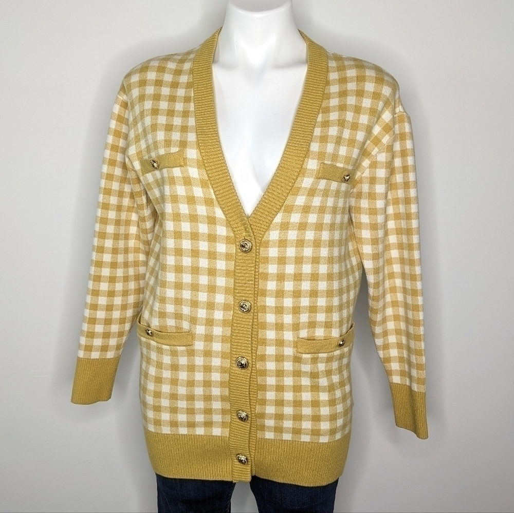 Joie yellow white gingham button up v neck cardigan sweater XS